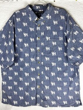 Big Dog Blue Button Front Short Sleeve Allover Dog Print Vintage Label size 3X